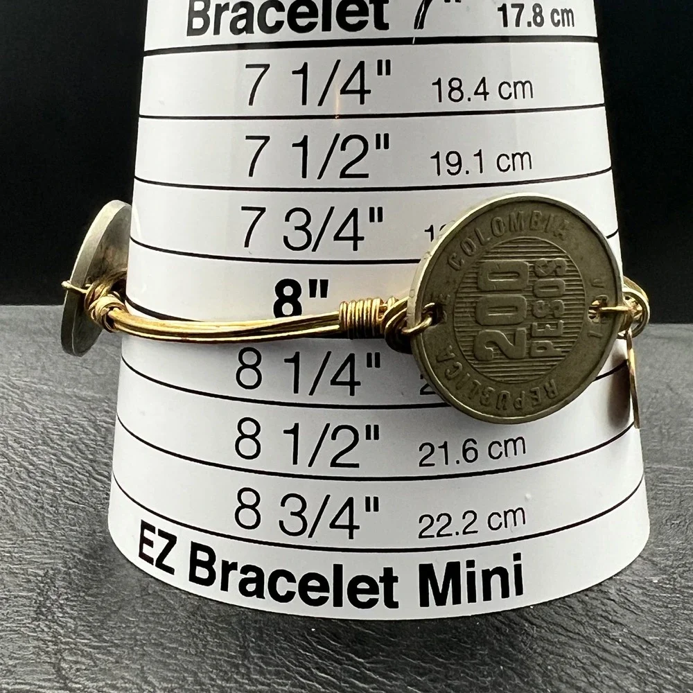 World Coin Wire Wrapped Bangle Bracelet Gold Tone International Currency Vtg 90s